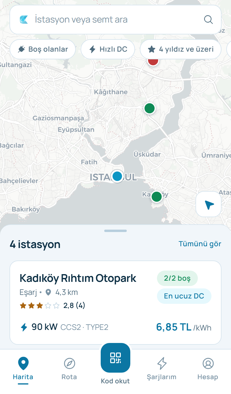 EssCharge uygulaması: harita, filtreler ve yakındaki istasyonlar