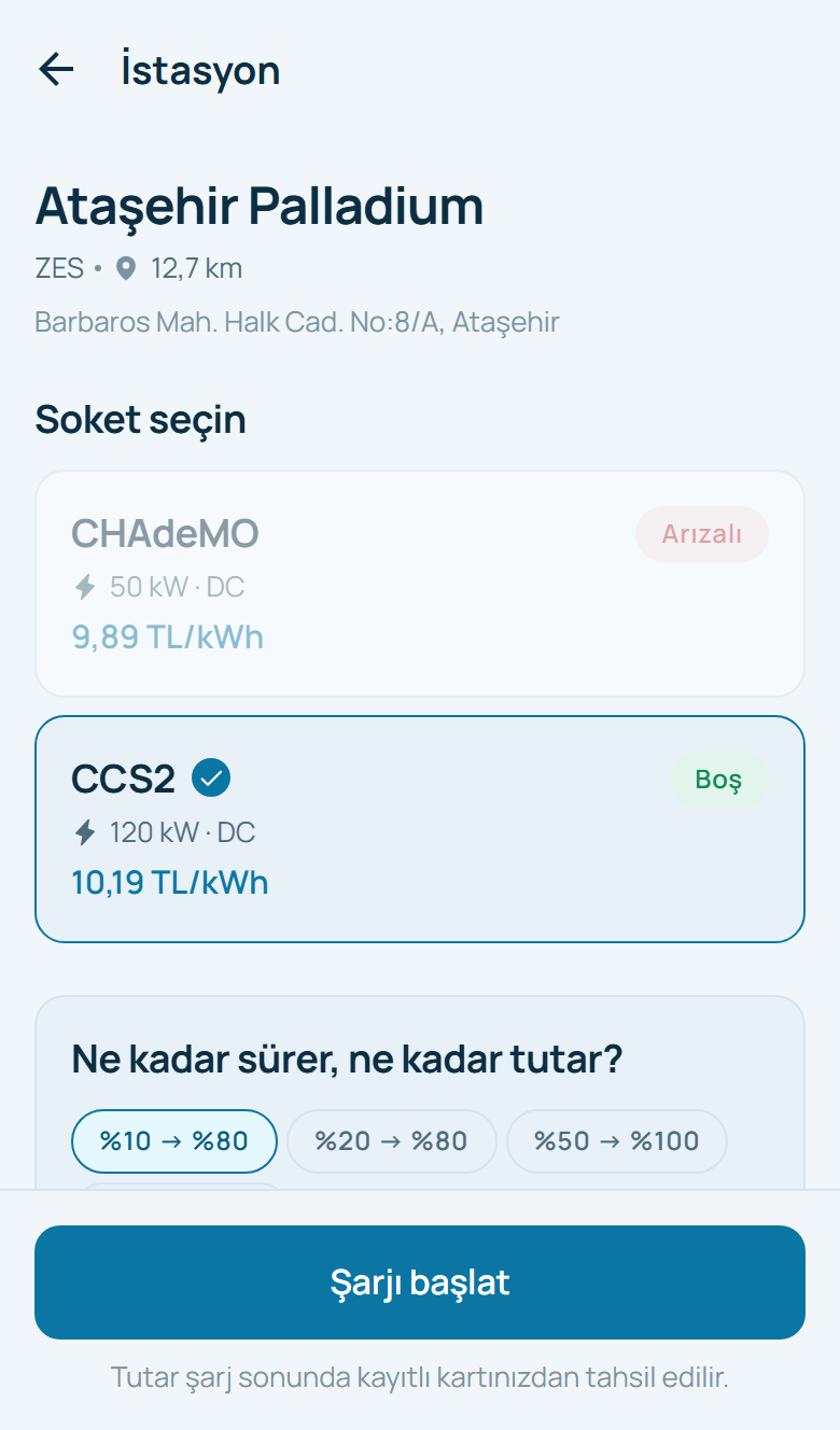 EssCharge uygulaması: seçilen soket için süre, ortalama güç ve tutar tahmini