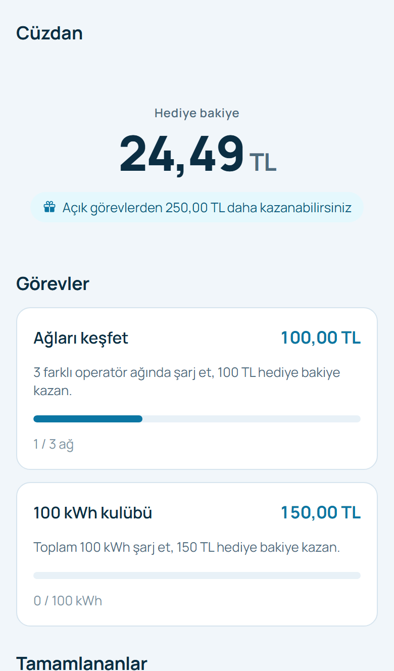 Cüzdan ekranı: kazanılan bakiye ve açık görevler