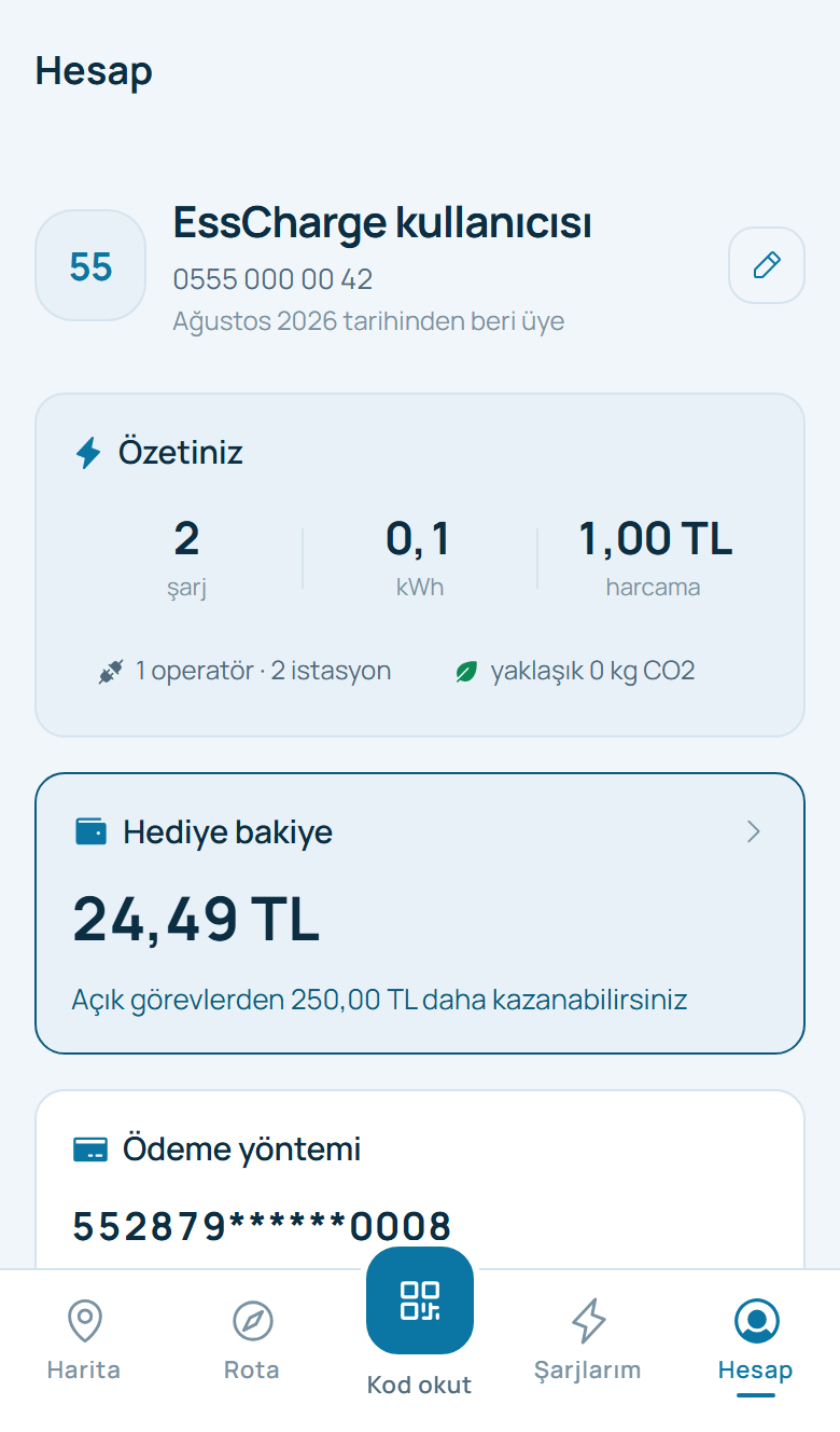 Hesap ekranı: toplam şarj, enerji ve harcama özeti